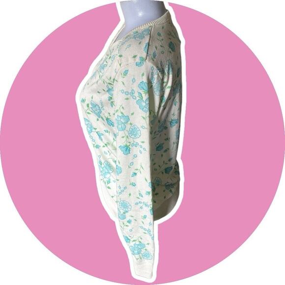Givenchy Sport Vintage 70s Women’s Spring Cream Sweater Sz L Aqua Flower - Picture 9 of 11